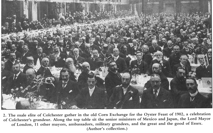 Men attending Oyster Feast at the old corn exchange in Colchester, 1902